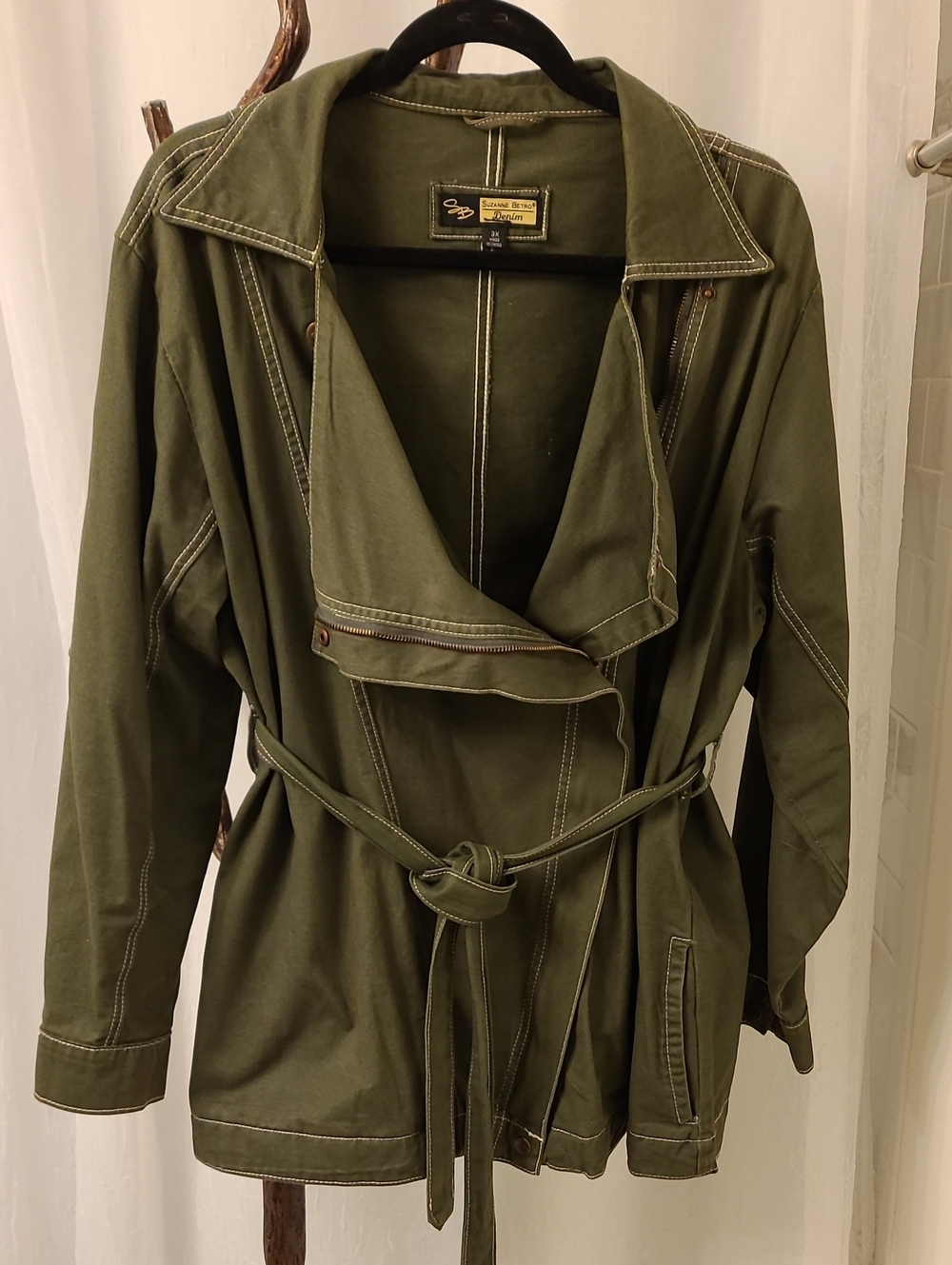 Suzanne Betro Olive/Khaki Green Short Belted Trench Coat - 3X